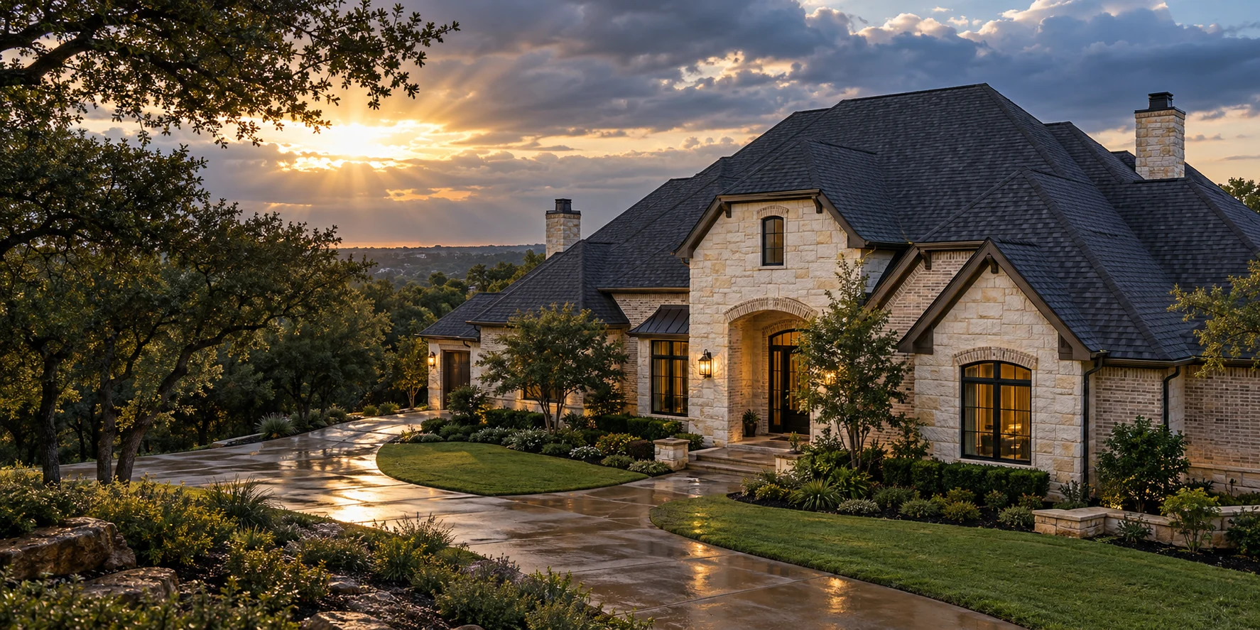 Custom illustration of a North Texas property beneath a clearing sky